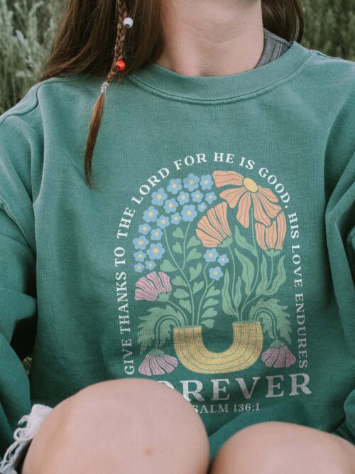 Give Thanks To The Lord His Love Is Forever Psalm 136:1 Christian Bible Light Green Color Comfort Sweatshirt