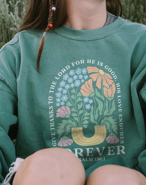 Give Thanks To The Lord His Love Is Forever Psalm 136:1 Christian Bible Light Green Color Comfort Sweatshirt