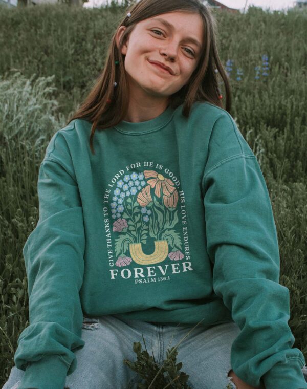 Give Thanks To The Lord His Love Is Forever Psalm 136:1 Christian Bible Light Green Color Comfort Sweatshirt - Image 3