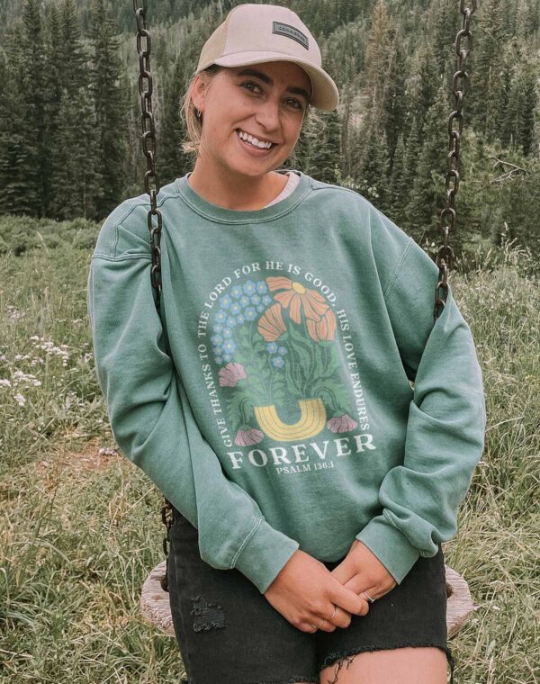 Give Thanks To The Lord His Love Is Forever Psalm 136:1 Christian Bible Light Green Color Comfort Sweatshirt - Image 2