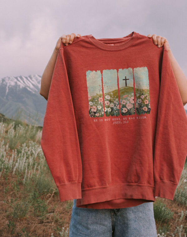He Is Not Here He Is Risen Christian Easter Jesus Still Alive Crimson Red Comfort Colors Sweatshirt - Image 3