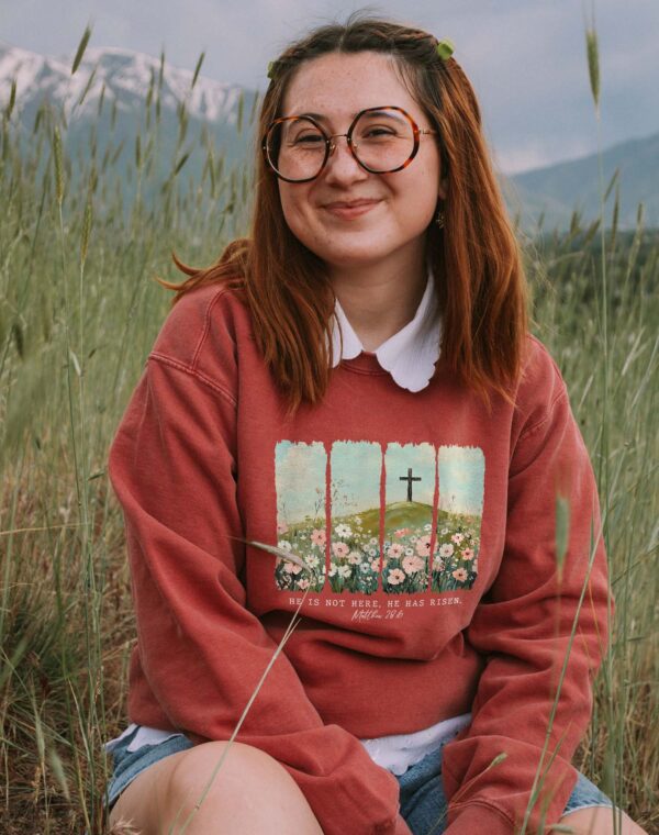 He Is Not Here He Is Risen Christian Easter Jesus Still Alive Crimson Red Comfort Colors Sweatshirt - Image 2