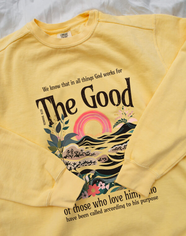 We Know That In All Thing God Work For The Good Romans 8:28 Christian Bible Butter Yellow Color Comfort Sweatshirt - Image 4