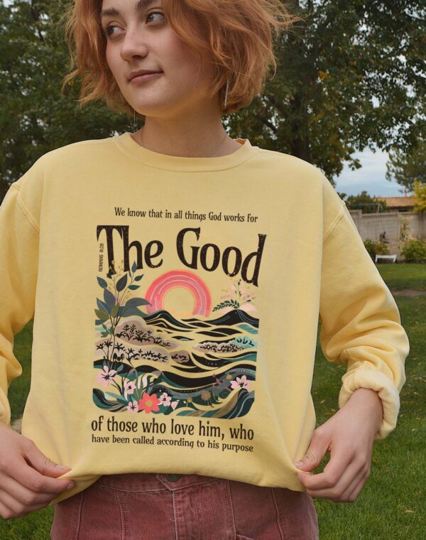 We Know That In All Thing God Work For The Good Romans 8:28 Christian Bible Butter Yellow Color Comfort Sweatshirt - Image 3