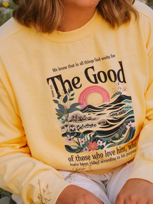 We Know That In All Thing God Work For The Good Romans 8:28 Christian Bible Butter Yellow Color Comfort Sweatshirt